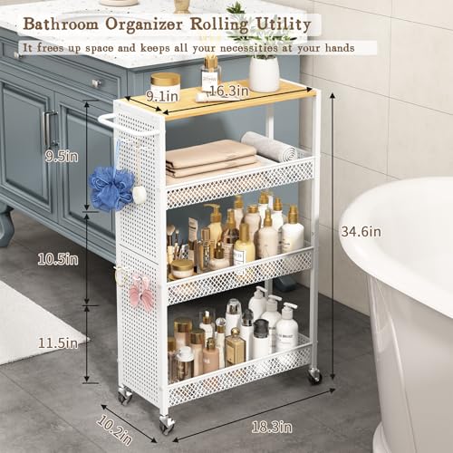 Utility Slim Storage Cart 4 Tier Rolling Laundry Room Organization Cart: - color: White, size: 9.1 inch wide