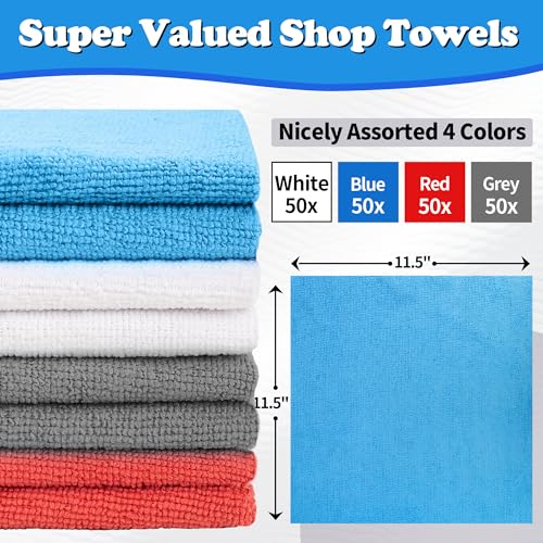 FIXSMITH Shop Towels, Microfiber Cleaning Cloth Bulk, 200 Pack Microfiber Towels for Cars, All-Purpose Absorbent Cleaning Rags, Dust Cloth for Automotive, Mechanic, Garage, Bar, 11.5 x 11.5 inch - color: 4 Colors, size: 200PK