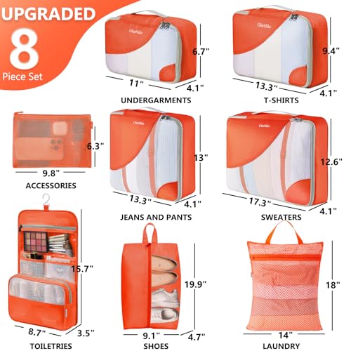 OlarHike Packing Cubes for Travel,Gifts for Women Mom,Anti-Tearing Suitcase Organizer for Luggage with Shoe & Hanging Toiletry Bag,Vacation Essentials & Accessories for Cruise Ship,8 Set,Orange - color: 17 Orange