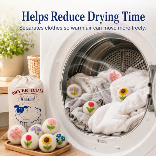 Wool Dryer Balls 6 Pack, New Zealand, Reusable Natural Fabric Softener - color: White-flower