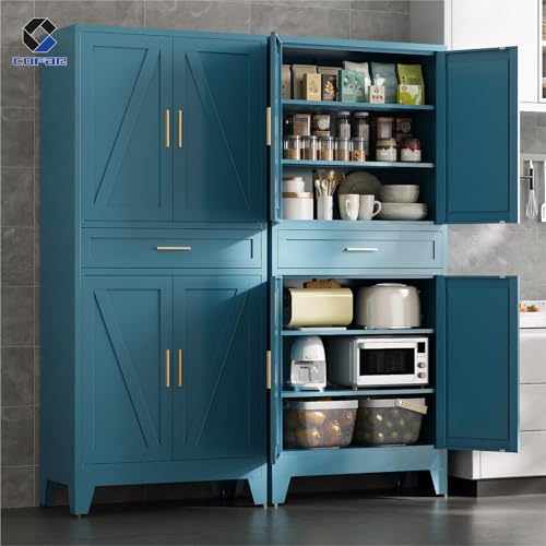 COFaR 71 in Tall Kitchen Pantry Cabinet with Drawer, Metal Pantry Storage Cabinet with 4 Adjustable Shelves and 4 Barn Doors, Freestanding Farmhouse Food Cupboard for Dining Room, Peacock Blue 6-Tier - color: Peacock Blue, size: 71'' 4 Doors 1 Drawer-Barn