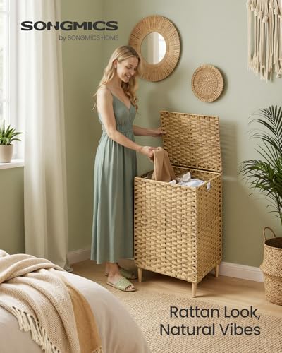SONGMICS 2-Section Laundry Hamper with Lid, PE Rattan, 29 Gallons (110 L) - color: Goose Yellow, size: 110 L (2 Basket)