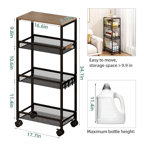 4-Tier Slim Utility Rolling Laundry Cart with Wheels, Easy to Assemble - color: Black, size: 9.1''