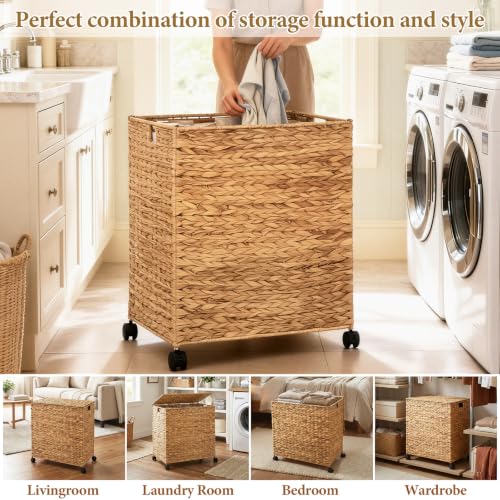 Livole Wicker Laundry Hamper with Lid & Wheel, Rattan Laundry Basket, 120L - color: Natural, size: 120L