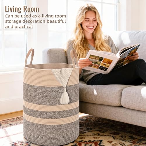 Large Laundry Basket, Laundry Hamper with Leather Handles, 75L Woven Dirty Clothes Hamper, Rope Hampers for Bedroom, Barthroom, Dark Brown - color: Dark Brown, size: 75L
