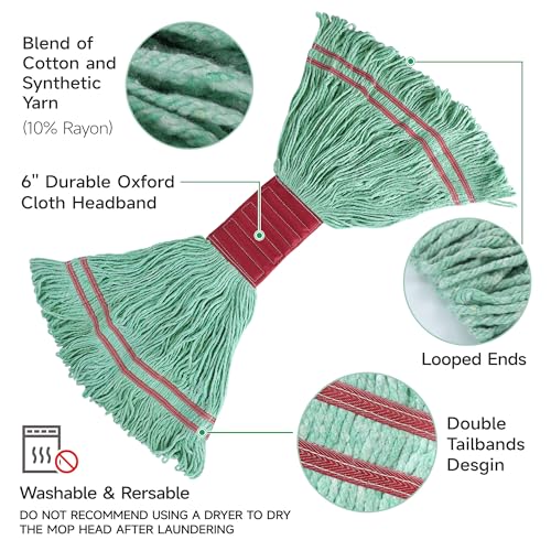 ONESIMUS 30 oz Pack of 6 Cleaning Heavy Duty Industrial Commercial Grade Looped-End Mop Head Replacement,6'' Headband Cotton String Wet Mop Head Refills,Machine Washable Green Mop - color: Green, size: 6 Count (30 Ounce)