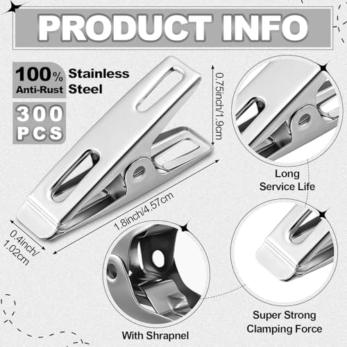 Leifide 300 Pcs Heavy Duty Stainless Steel Clothespins Metal, Silver