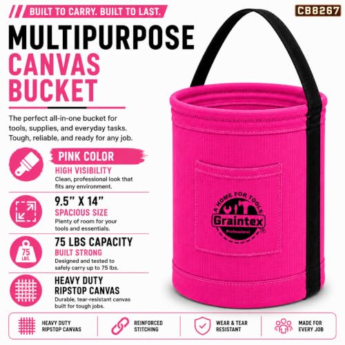 Graintex Canvas Utility Bucket 9.5"x14", Round Tool Bucket, Reinforced Base & Carry Handle, Ripstop Canvas, Ideal Multi-Purpose Bag for Jobsite, Gardening, Home Use, Tool Storage (Pink) - color: Pink