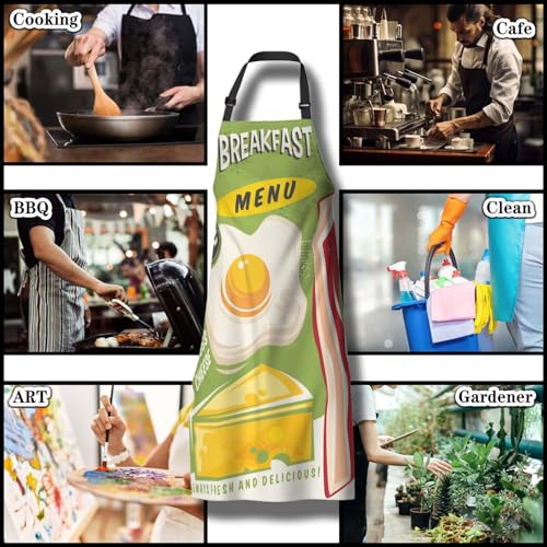 Apron Kitchen for Men Breakfast Menu Baking Aprons for Women for Kitchen Cooking Restaurant BBQ Painting Crafting Gardening 27” (W) x 31” (H), Waterproof Apron - color: Breakfast Menu