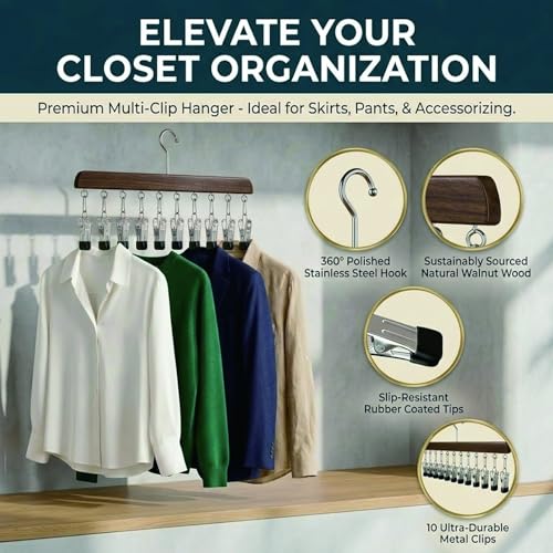 Multi-Functional Closet Organizer with 10 Clips, Space Saving Wooden Hanger for Pants, Leggings, Skirts, Scarves, Hats, Tanks, Socks (2Pcs, Vintage) - color: Vintage