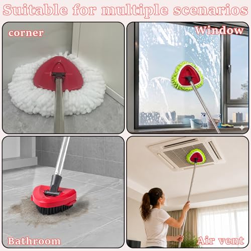 Spin Mop Head, Scrubber, Base, Handle Replacement for O-Cedar EasyWring 1-Tank System, Mop Scrub Brush Head Microfiber Refills, Handle for for Ocedar Spin Mops (Mop Handle+Heads+Brush) - color: Mop Handle+heads+brush