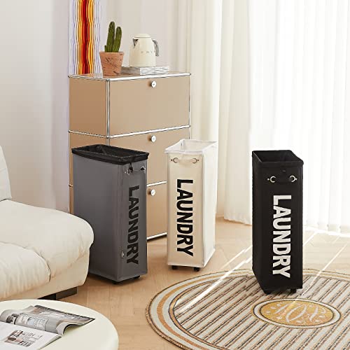 DOKEHOM 70L Enlarged Slim Rolling Laundry Basket Hamper on Wheels, Beige - color: Beige/L, size: 70L/Slim
