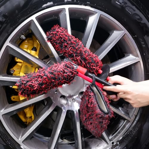 oesee Professional 4 Pack Long Handle Wheel Brush Kit for Cleaning Wheel and Tire- 2X Soft Wheel Cleaning Brush, Detailing Brush and Stiff Tire Brush, Bendable& Durable Wheel Rim Cleaner Brush Set - size: 5 Pack (Red & Black)