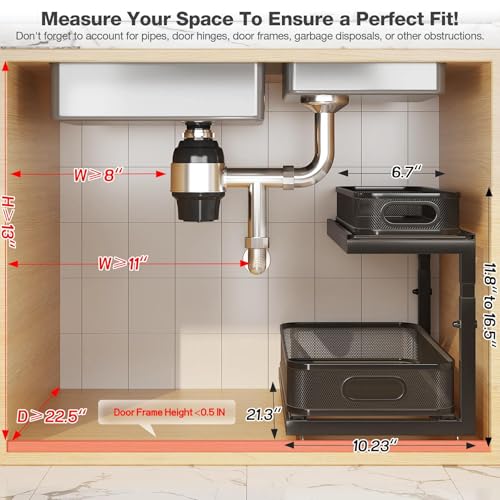 2-Pack 21.3 IN Depth Under Sink Organizer With Next-Gen Ball-Bearing Slides,Sophisticated Mesh 2-Tier Pull Out Shelf for Kitchen & Bathroom,Fits Small Items-Black - color: Black, size: 2 Pack-21.3"Dx11.8"-16.5"H