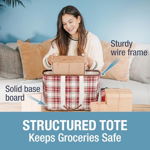 CleverMade Collapsible Tote LUXE, 30L Structured Tote Bag with Handles - color: Red Checker