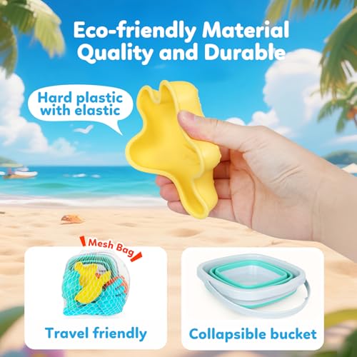 Kids Beach Toys with Collapsible Bucket, Sand Molds, Sand Rake and Shovel - color: Single Multi