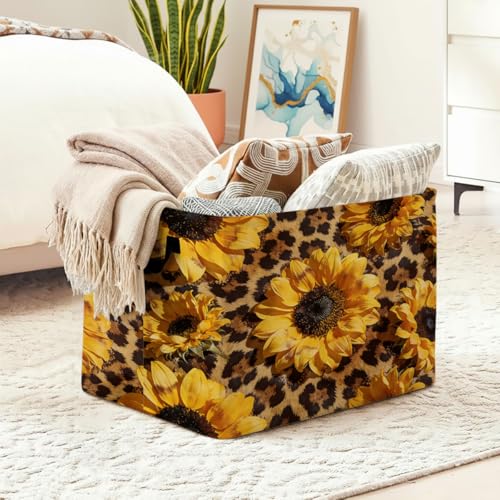 Leopard Print Sunflower Foldable Laundry Basket Hamper with Handles, 56L Large Capacity Toy Storage Organizer, Collapsible Clothes Hamper for Home Decor and Bedroom Organization. - color: Leopard Print Sunflower