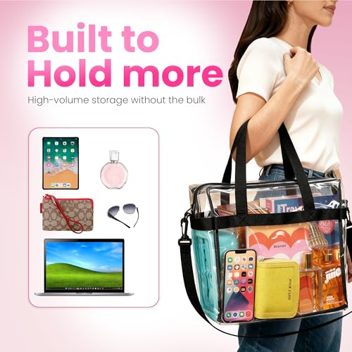 Handy Laundry Clear Bag 12x6x12 Stadium Approved Tote, Zipper Strap - color: Black