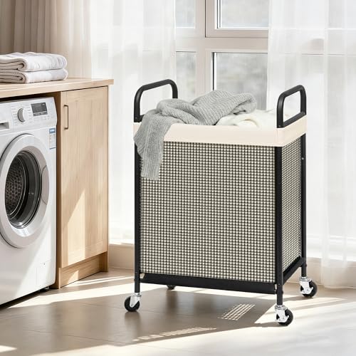 STORAGE MANIAC Rolling Laundry Hamper with Wheels 1-Section Laundry Sorter Rolling Laundrys Basket on Wheels with Removable Bag Clothes Hamper Laundrys Organizer Cart Bathroom Bedroom 90L Beige - color: Beige, size: 1-Section