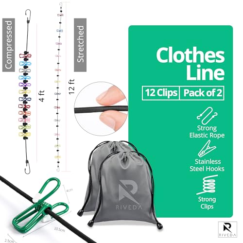 RIVEDA 2 Pack Travel Clotheslines with 12 Colorful Clips Each & 2 Bags, Cruise RV & Camping Essentials Clothes Line for Indoor Laundry Drying Line & Outdoor Accessories