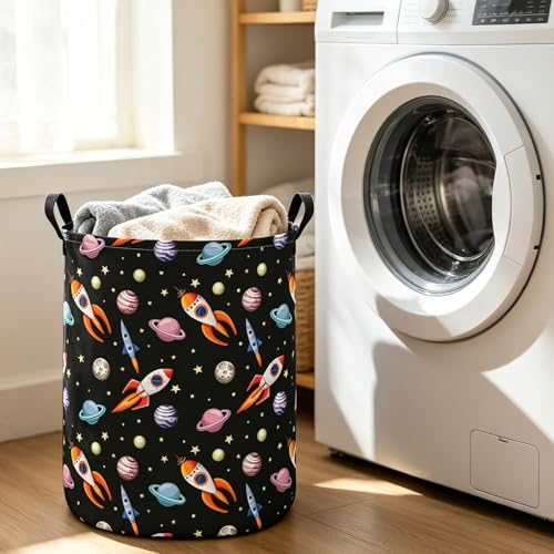 Round Laundry Basket Collapsible Storage Hamper Organizer Planet Rocket - color: Planet Rocket