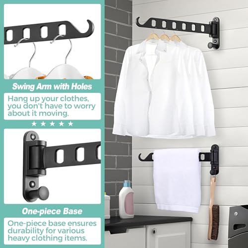 Laundry Drying Rack - Wall Mounted Clothes Hanger with Swing Arm, 6-Hole Laundry Hanger & Swivel Hanging Bar, Foldable Valet Hook, Laundry Room Closet, Sturdy Aluminum (2-Pack, Black) - color: Black (6-hole, 11.4")