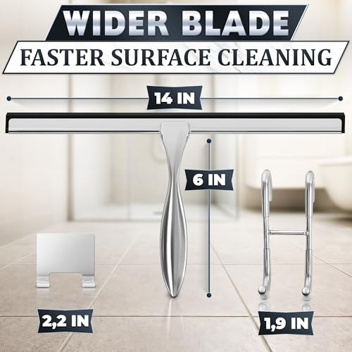 Shower Door Squeegee with Hook, 14" Silicone Blade, Steel (Silver) - color: Silver, size: 14 Inch
