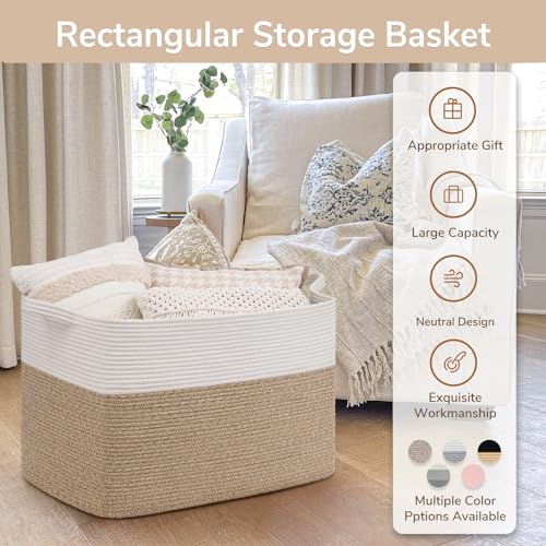 Goodpick 105L Extra Large Woven Rope Blanket Basket, White & Light Brown - color: White & Light Brown, size: XX-Large(25"L x 16"W x 16"H)