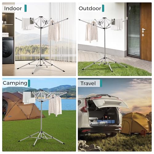 JS HANGER Indoor and Outdoor Portable Clothes Drying Rack with 4 Rotatable Arms for Hangers, 4 Legs, Collapsible Umbrella Laundry Air Dryer with 65 ft. of Hanging Space - Silver - color: Silvery-4 Legs