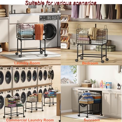Wire Laundry Hamper Cart,Rolling Laundry Carts with Pull Handle,Black Tall Laundry Basket,Commercial Wire Laundry Hamper Cart-23.6 * 15.75 * 28 inches - color: Black, size: 23.6*15.75*27.95inch