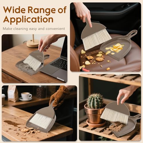 THINKLEARN 2PCS Small Dust Pan and Brush Set, Mini Broom Dustpan Kit - color: Brown