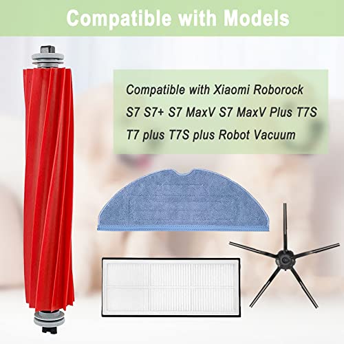 Roborock Compatible Replacement Parts Compatible with Roborock S7 S7+ S7 MaxV, S7 MaxV Plus T7S T7 plus T7S plus Robot Vacuum, 2 Roller Brush, 4 Filter, 6 Side Brush, 4 Mop Cloth - size: 2+4+4+6 pack