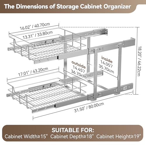 2 Tier Pull Out Cabinet Organizer 15" W X 17" D, Chromed, Full Slide Out - color: 2 Tier - Chrome-Plated, size: 15" W X 17" D