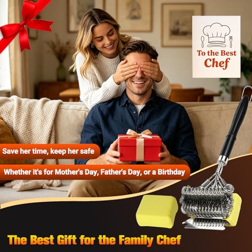 3-in-1 Bristle-Free Grill Brush & Scraper with Safety Sponge, 18" Detachable Long Handle BBQ Cleaner for Heavy Duty Grime, Summer BBQ & Outdoor Party Essential (Black) - color: Black
