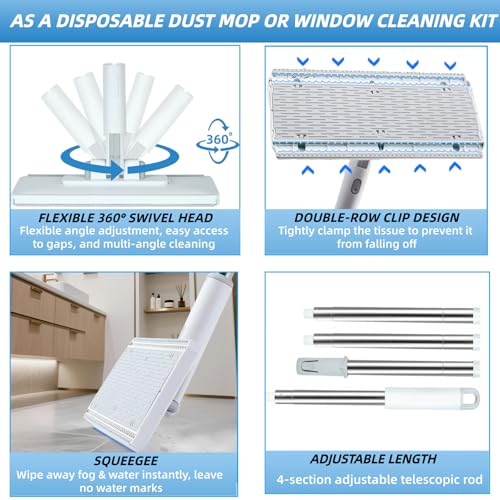 4 in 1 Snap Grip Mini Mop with Squeegee, Floor Scrub Brush with Long Handle