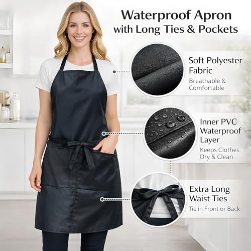 2/6/12/24 Pack Waterproof Aprons Bulk with Pockets, Polyester and PVC Coated Chef Aprons for Cooking, Painting, BBQ - color: Black