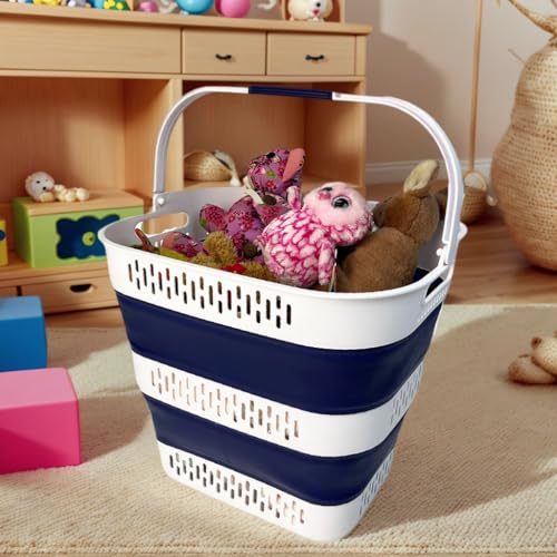 SAMMART 38L (10 Gallon) Collapsible Plastic Laundry Basket - Foldable Pop-Up Storage Container/Organizer – Portable Space Saving Laundry Hamper (1, White/Starry Blue) - color: White/Starry Blue