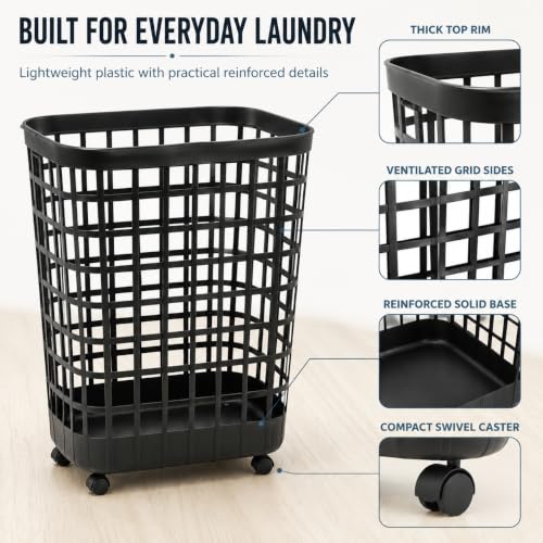 Black Rolling Laundry Hamper w/Casters, 2.6 Bushel Capacity - color: Black-Wheel-2.6 Bushel