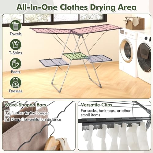 Tangkula Laundry Drying Rack, Foldable Clothes Drying Rack with Height Adjustable Wings, 33 Drying Rails & Sock Clips, Freestanding Gullwing Garment Stand for Indoor & Outdoor Use (Sliver+Grey) - color: Sliver+grey