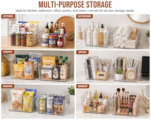 Clear Plastic Storage Bins, Pantry Organizers and Storage, Cleaning Supplies Organizer, Under Sink Storage, Snack Organizer, Multi-Use Organizer Bins for Chips, Vitamin, Spices, Makeup