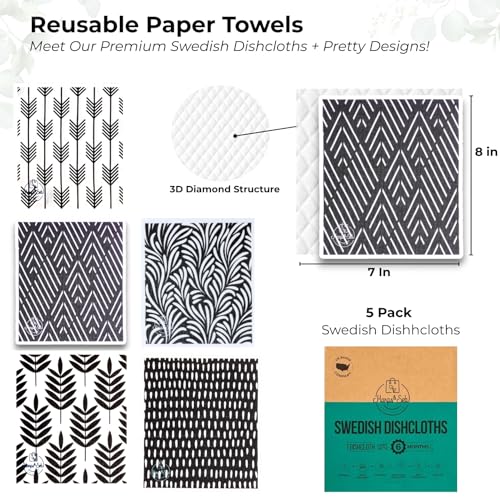 Harps&Seb Swedish Dishcloths for Kitchen Dish Towels - 5 Pack, Non-Scratch Reusable Paper Towels, Super Absorbent Washable Swedish Dish Cloths, No Odor, Biodegradable, Black and White Design - color: Midnight Birch, style: 5 Pack