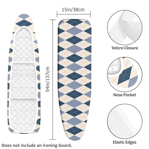 Padded Ironing Board Cover, 15 * 54 in Standard Size Ironing Board Covers, Easy Hook and Loop Fastener, Universal Fit for Standard Boards - color: Blue Rhombus