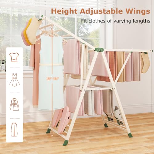 GIANTEX Foldable Metal Clothes Drying Rack, 55.5" Height Adjustable Wings - color: Beige, size: 55.5"L x 39"-58"H