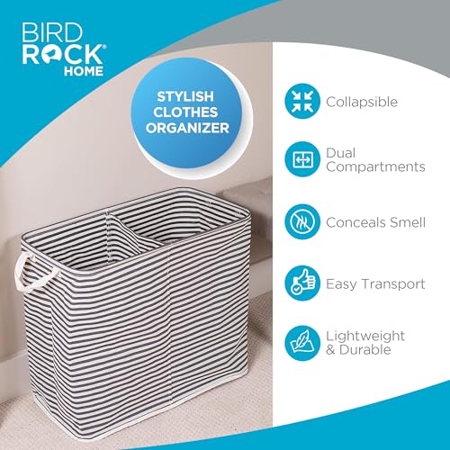 BIRDROCK HOME Collapsible Double Laundry Hamper Basket - Grey & White Stripes Sorter Bin - Compact Dirty Clothes Organizer Bag - Divided Section