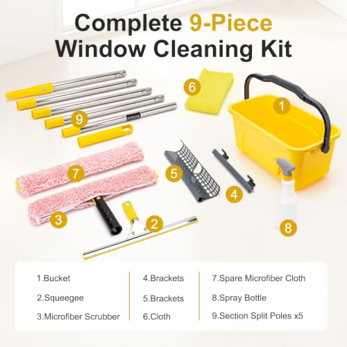 Professional Window Cleaning Kit with Bucket 3 Gallon, 6FT Extension Pole - color: Yellow Window Cleaning Kit With Bucket