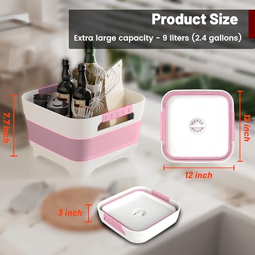 MontNorth 2.4 Gal Collapsbile Wash Basin with Drian Plug,9L Dish Pan for Soaking Baby Bottles,Portable Sink, Multiuse Foldable Bucket,Ice Beverage Tubs for Camping, Vegetable Washing, RV (Pink) - color: Pink