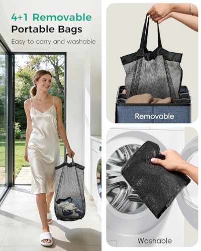 185L Laundry Hamper 4 Section with Lid & Removable Bags - color: Navy Blue, size: 185L - 4 Section