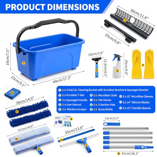 19-Piece Window Cleaning Kit with 3 Gal Cleaning Bucket, Professional 14" Window Squeegee & 15" Window Scrubber, Window Washing Kit with 78" Extension Pole, for Home, Car, RV and Outdoor Glass