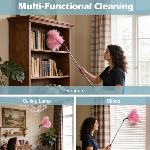 Feather Duster Extendable 22–47 Inch, Long Handle Duster for High Ceilings & Ceiling Fans, Natural Ostrich Feather Duster for Furniture, Blinds Cobweb Cleaning (Pink) - color: Pink