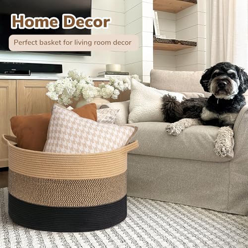INDRESSME XXXLarge Woven Rope Blanket Basket Living Room, 90L - color: Camel Mix & Black, size: 21.7"D x 13.8"H